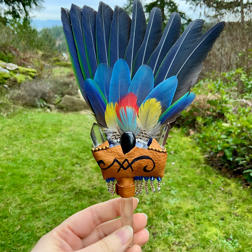 Thumbnail: Greyhaven star priestess parrot feather ceremonial smudge fan by Sah at Blue Apples metaphysical crystal shop Canada