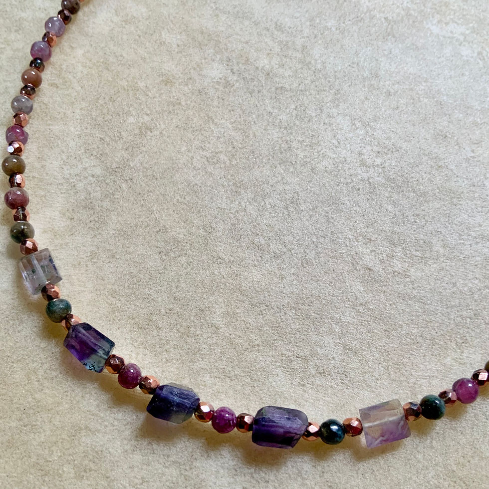 Gemstone beaded necklace with Tourmaline and fluorite by Sah at Metaphysical crystal shop Canada