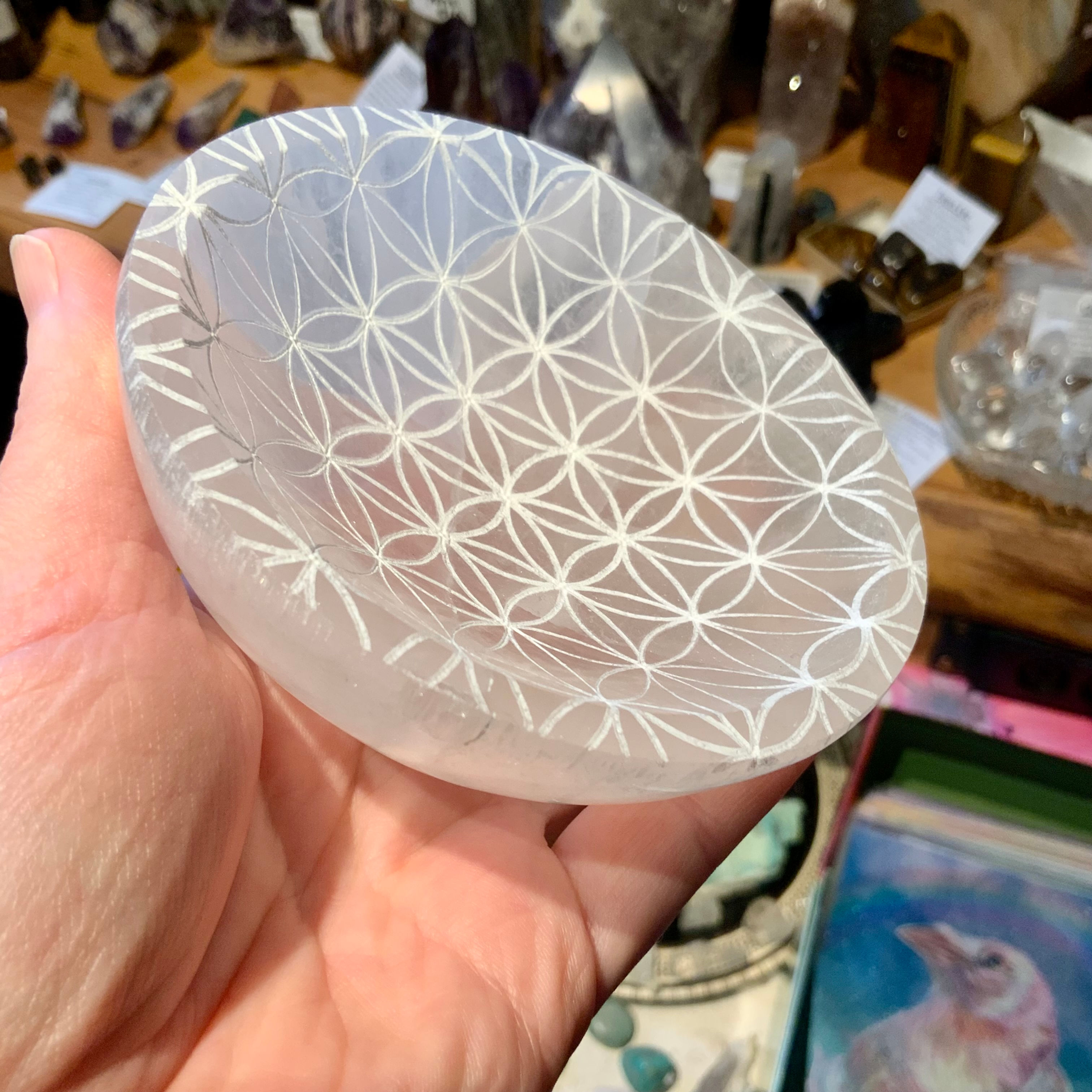 4 inch selenite bowl with Flower of Life etching at metaphysical crystal shop Canada