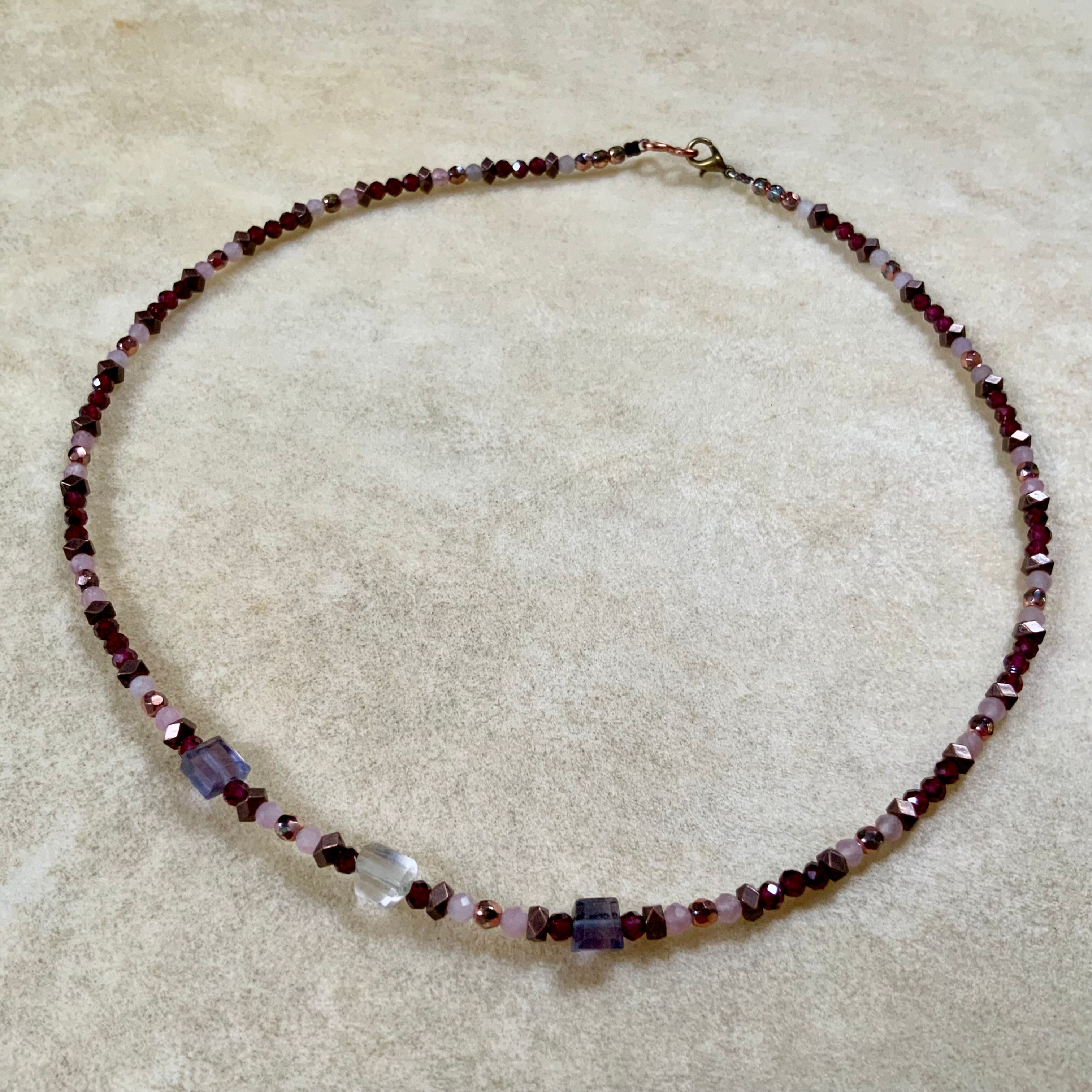 Gemstone beaded necklace with rose Quartz garnet and fluorite by Sah at Metaphysical crystal shop Canada
