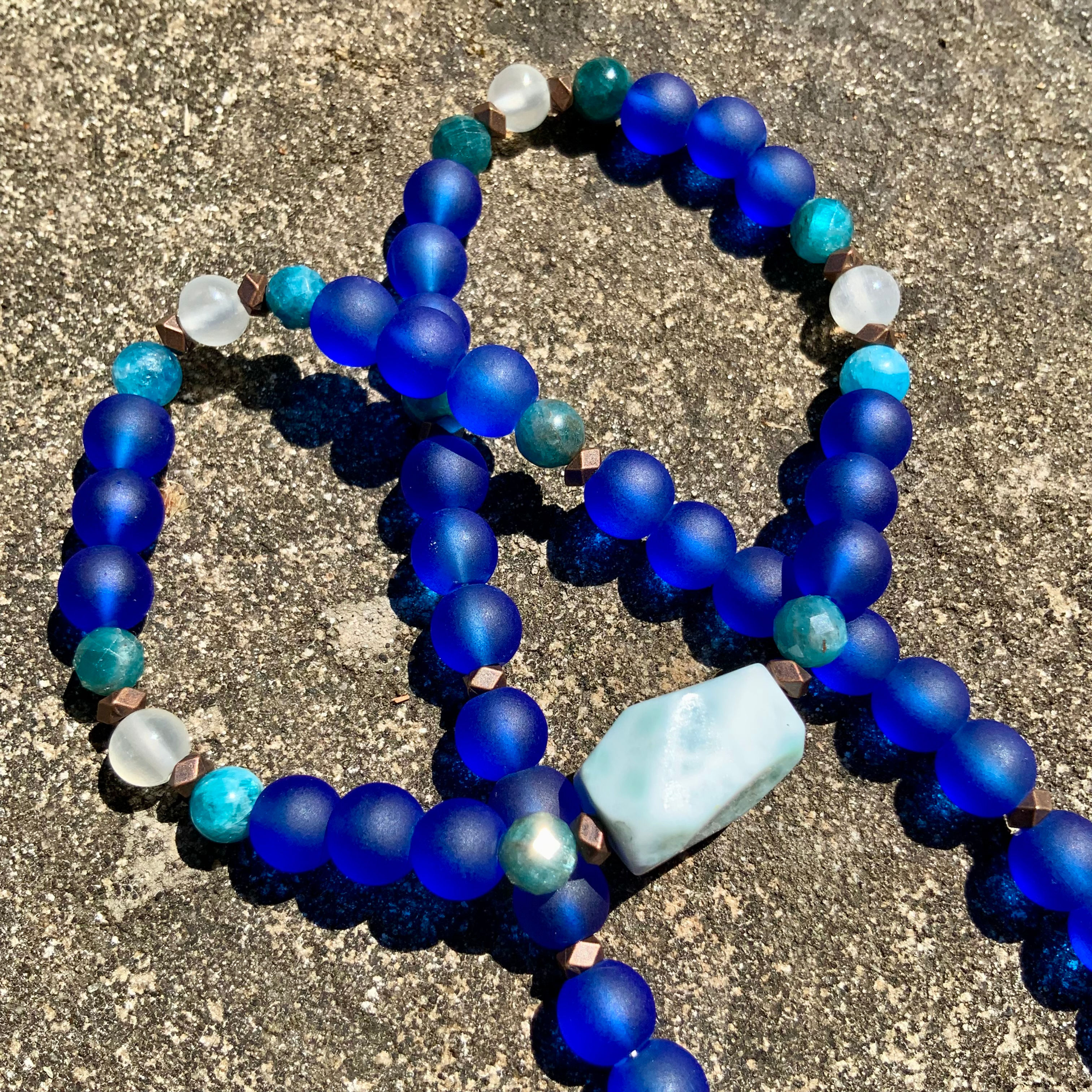 Cobalt Blue Glass beaded necklace with Larimar Blue Apatite Selenite by Sah