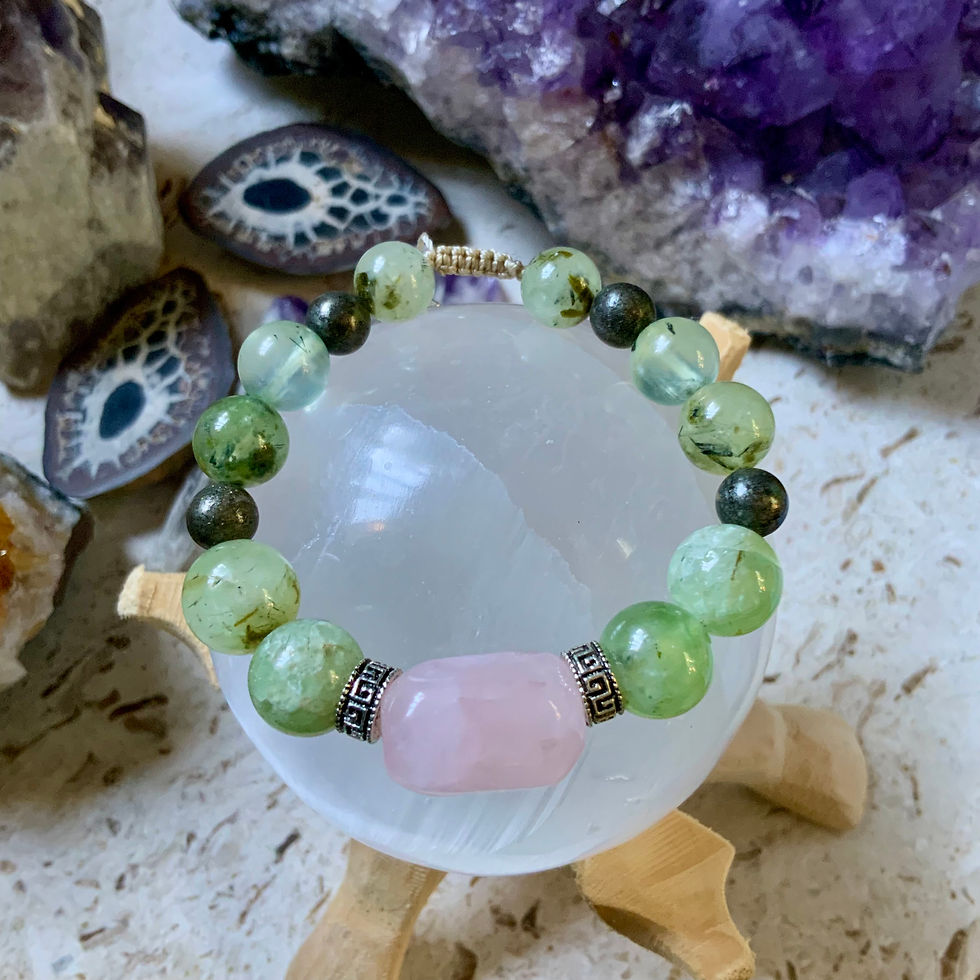 Prehnite pyrite rose Quartz gemstone adjustable bracelet by Sah at Blue Apples metaphysical crystal shop
