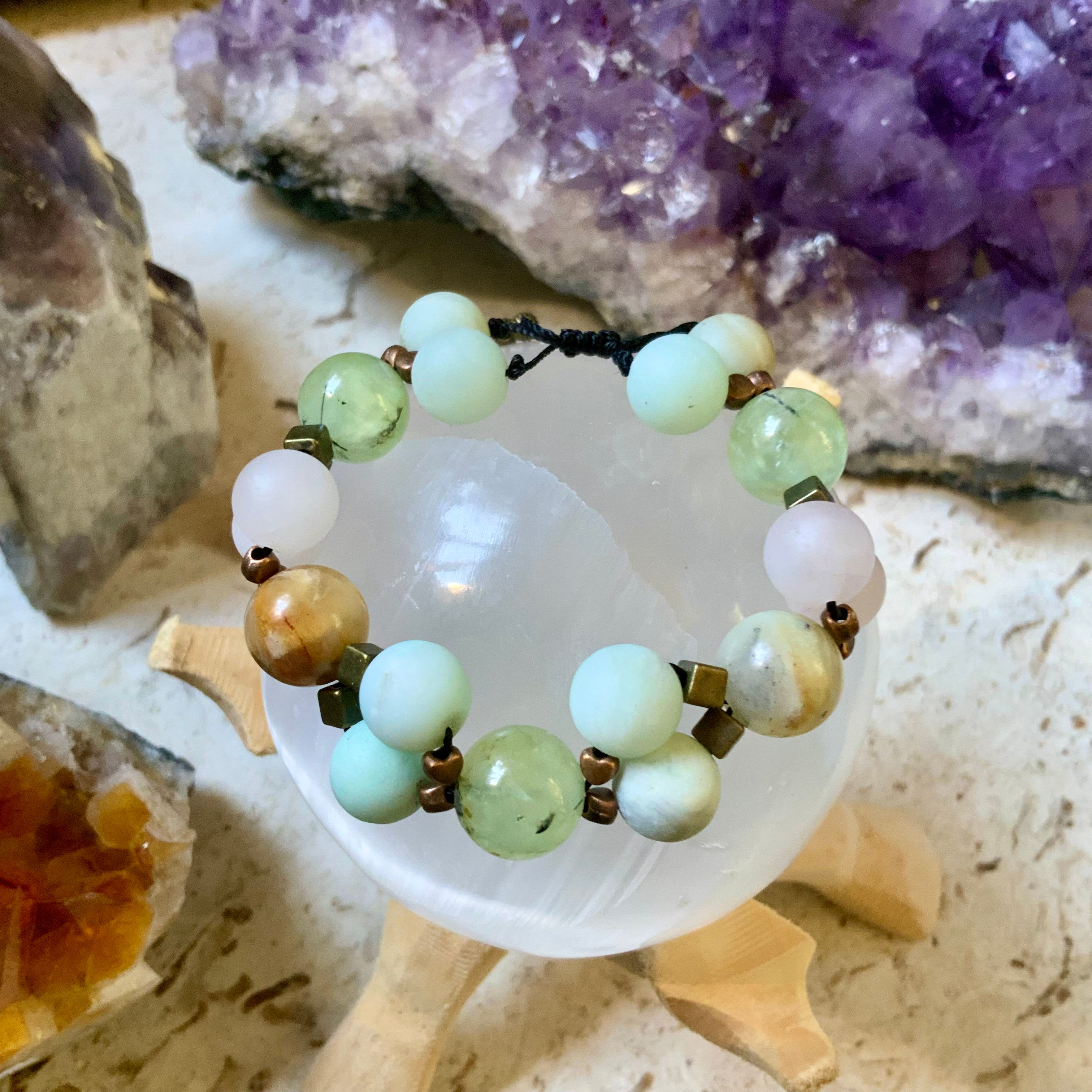 Prehnite Amazonite rose quartz gemstone adjustable bracelet by Sah at Blue Apples metaphysical crystal shop