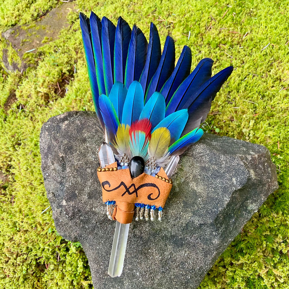 Greyhaven star priestess parrot feather ceremonial smudge fan by Sah at Blue Apples metaphysical crystal shop Canada