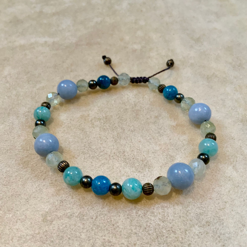 Gemstone adjustable bracelet with apatite prehnite angelite Amazonite by Sah at Blue Apples metaphysical crystal shop Canada