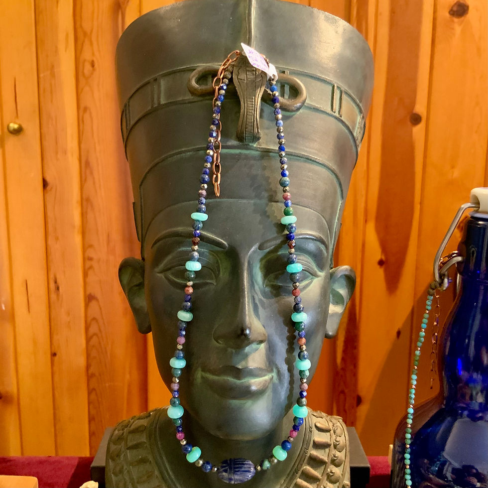 Thumbnail: Gemstone beaded necklace with lapis scarab pyrite ruby Amazonite by Sah at Metaphysical crystal shop Canada