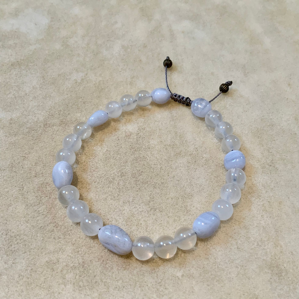 Gemstone adjustable bracelet with selenite and blue lace agate by Sah at Blue Apples metaphysical crystal shop Canada
