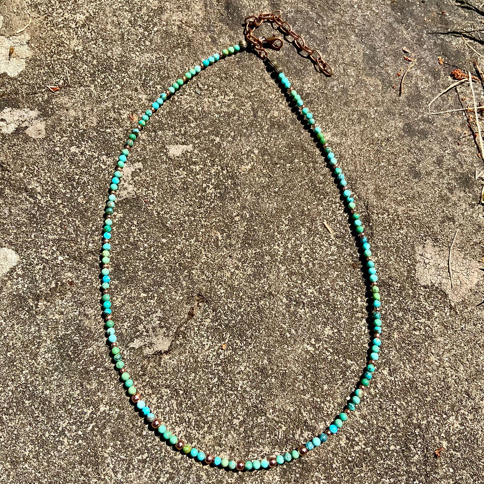 Turquoise beaded necklace with copper by Sah at Blue Apples metaphysical crystal shop Canada