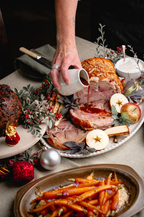 Wedding reception food.  Wintery roast meats with housemade gravy, roasted carrots.  