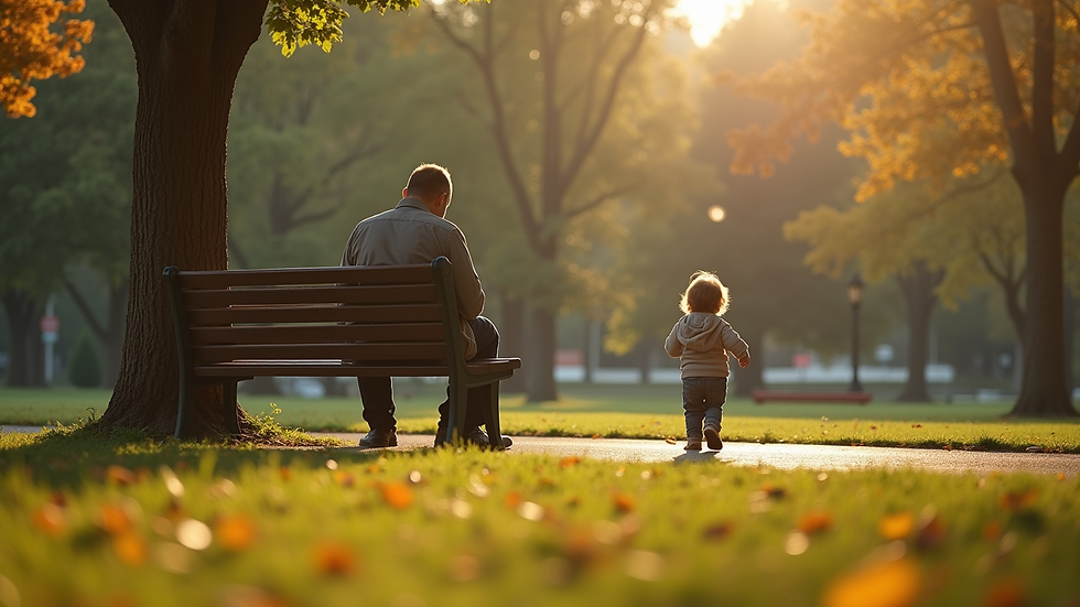 Eye-level view of a father sitting on a park bench with his child playing nearby