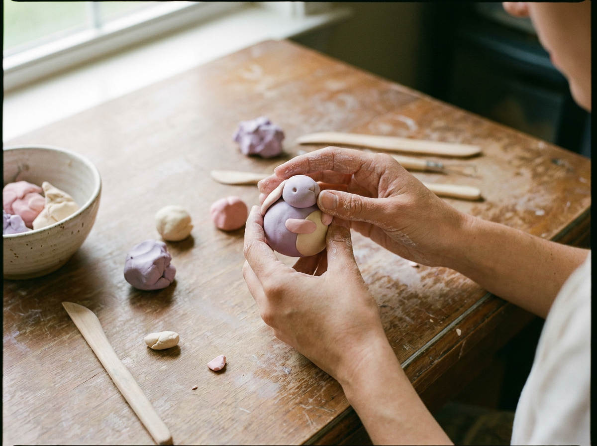 Hands shaping clay into a worry stone