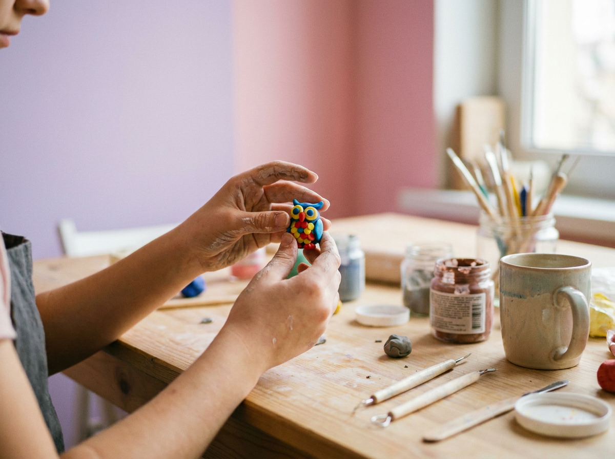 A maker hand-sculpting a Worry-Not figure