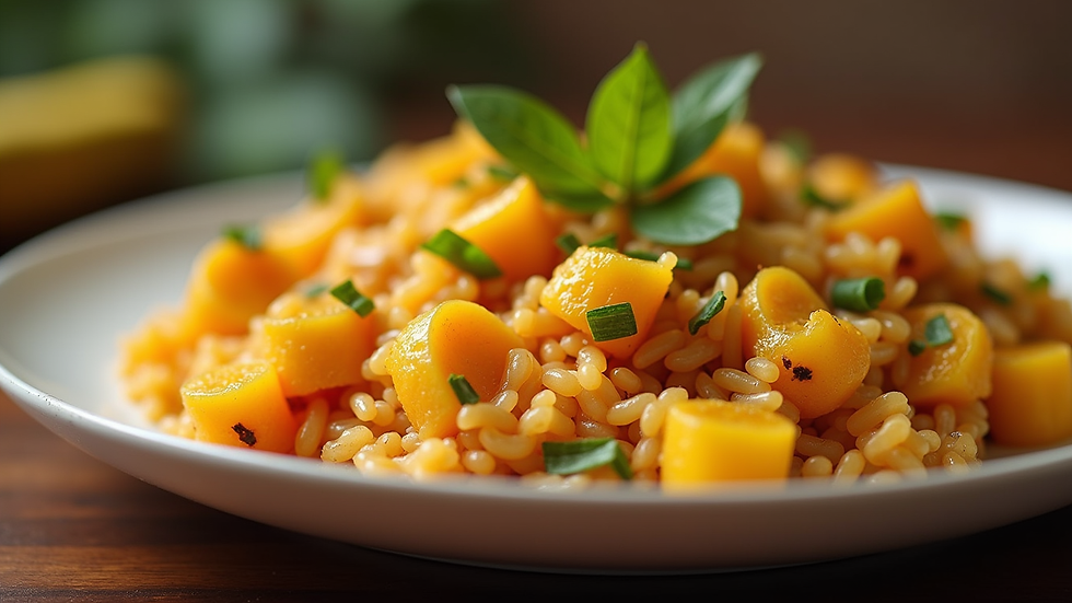 Close-up view of a colorful Caribbean dish with rice and plantains