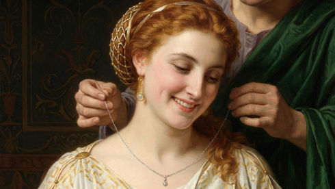 Vintage painting of a woman receiving a silver necklace, illustrating why sterling silver jewelry makes a timeless gift.