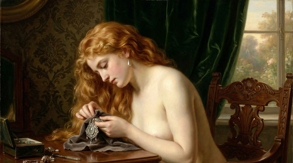 Illustrated image of a woman polishing sterling silver jewelry with a soft cloth