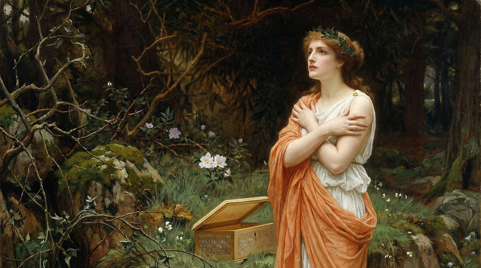 Classical woman in a forest beside an open box, symbolizing jewelry as a gift and self-love
