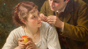 Vintage painting of a man fastening a necklace on a woman, illustrating how to choose a meaningful necklace gift.