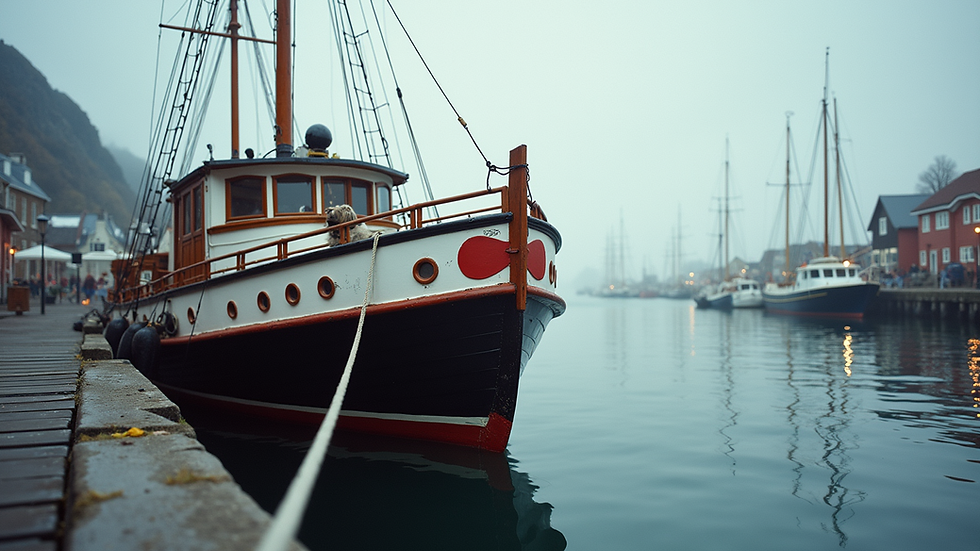 Eye-level view of a traditional Norwegian veteran boat in a serene harbor