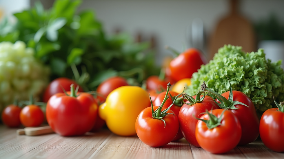 Close-up view of fresh vegetables and fruits on a kitchen counter