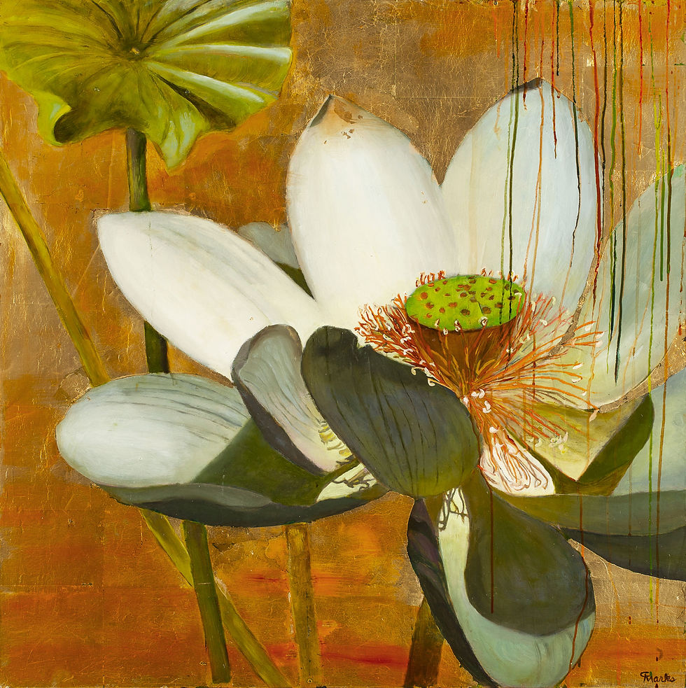 Oil painting of white water lily on gold background