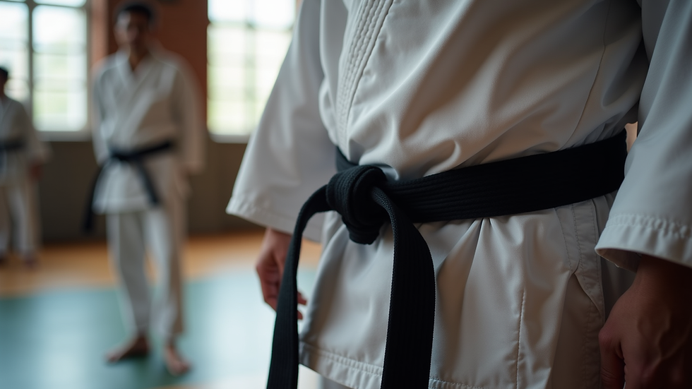 Eye-level view of a martial arts student practicing a high kick in a bright dojo