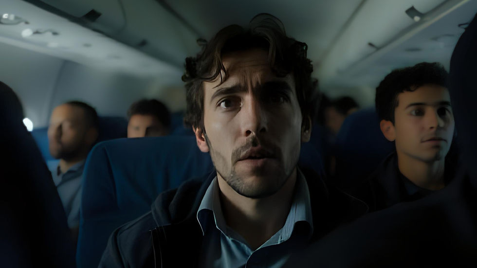 Ein ängstlicher Mann in einem Flugzeug