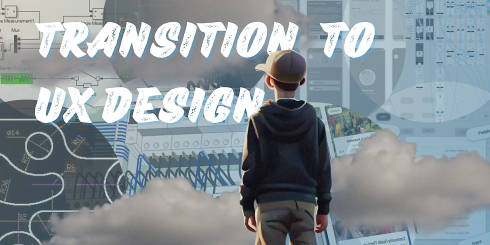 A person in a cap looks at a digital design collage with the text "Transition to UX Design" overlaid. The mood is contemplative.