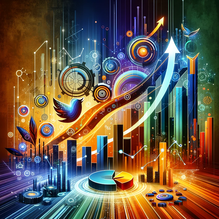 Imagem representando a maximização do ROI em marketing digital para PMEs, com gráficos de tendências ascendentes e ferramentas de marketing digital.