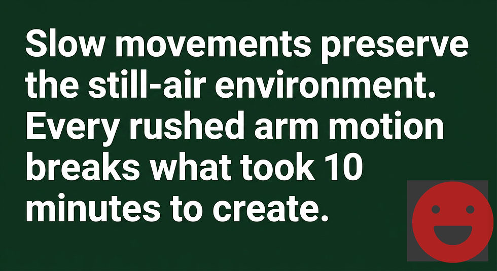 Slow movements preserve the still-air environment. Every rushed arm motion breaks what took 10 minutes to create