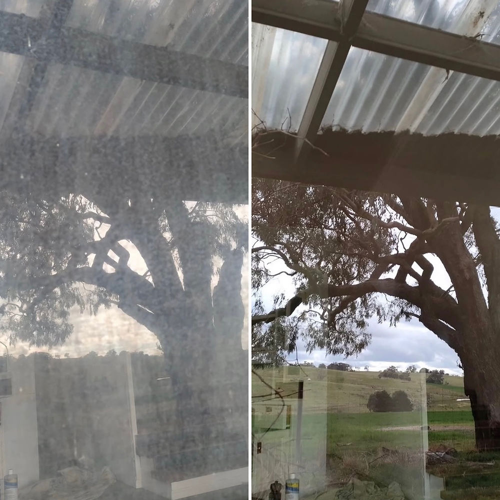 heavy hard water stains on glass before and after exterior window glass restoration cleaning