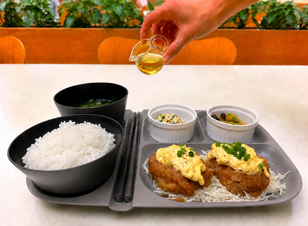 明るい店内で、手が小さなガラスピッチャーを持ち、白ご飯、味噌汁、南蛮風の揚げ物と小鉢が並ぶトレーの上に油を注ごうとしている。