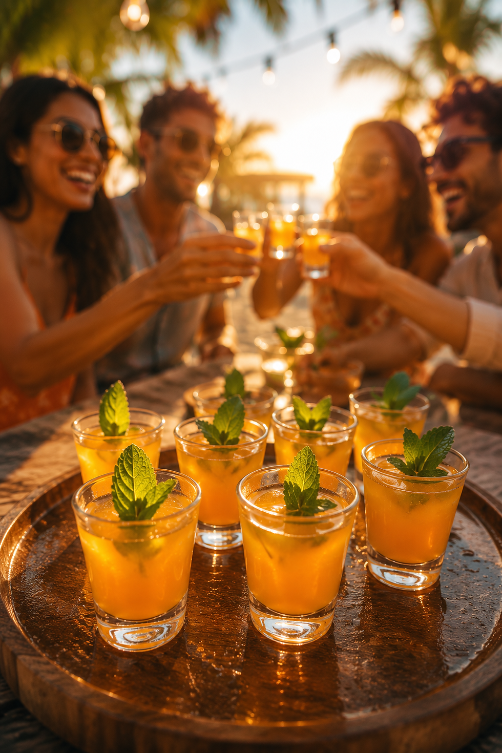 Menschen stoßen mit Jelly Shots im Sonnenuntergang an. Jelly Shots mit Minzblättern im Vordergrund. Fröhliche Stimmung, Palmen im Hintergrund, warmes Licht. Sundowner