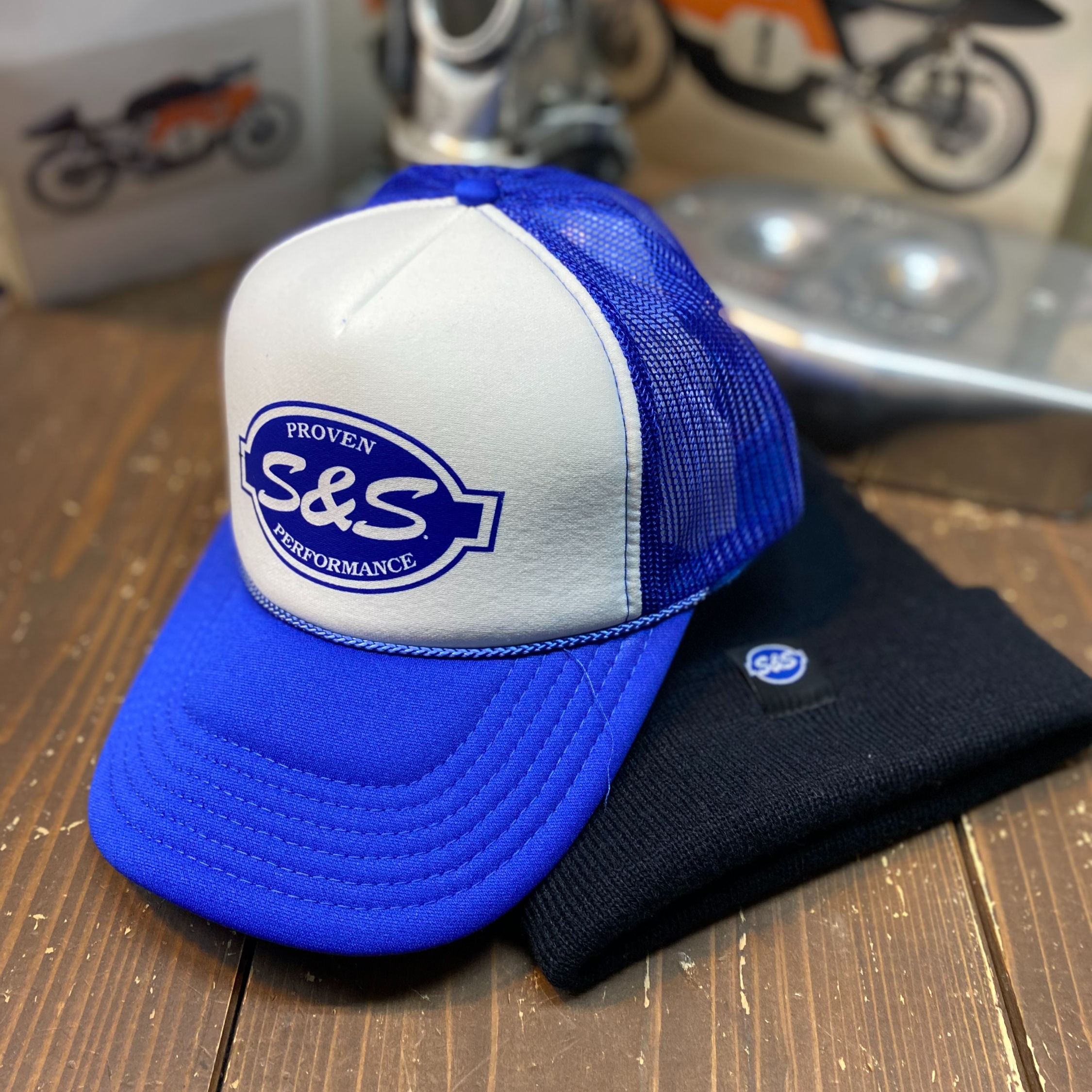 【S&S オリジナル メッシュキャップ ホワイト/ブルー】