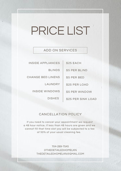 Cleaning price list