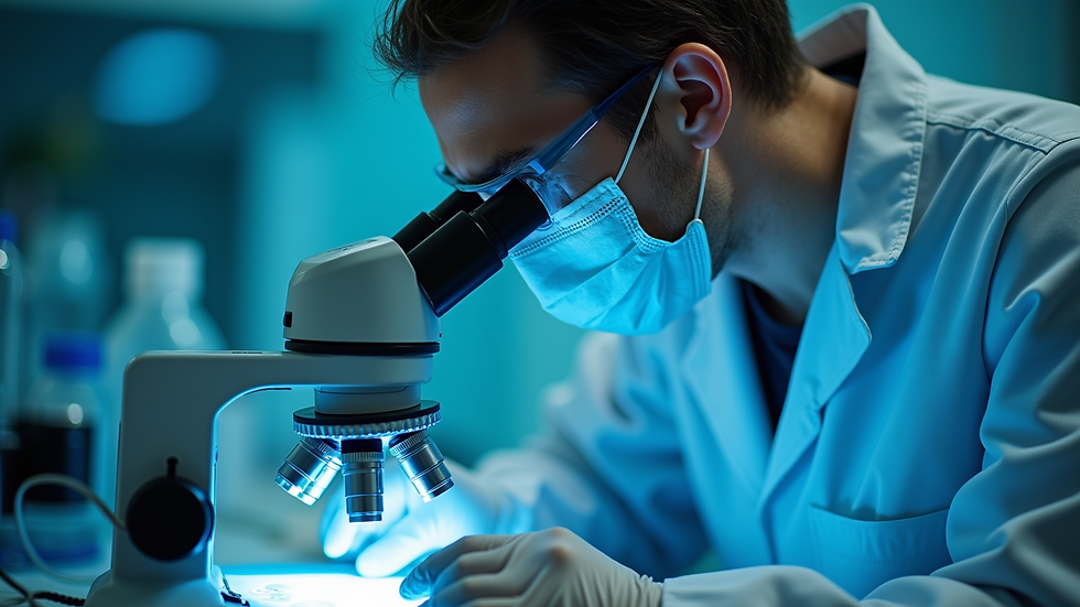 Close-up view of a forensic scientist analyzing evidence under a microscope
