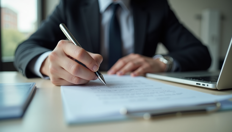 Eye-level view of a single executive sitting thoughtfully at a desk with a notebook and pen