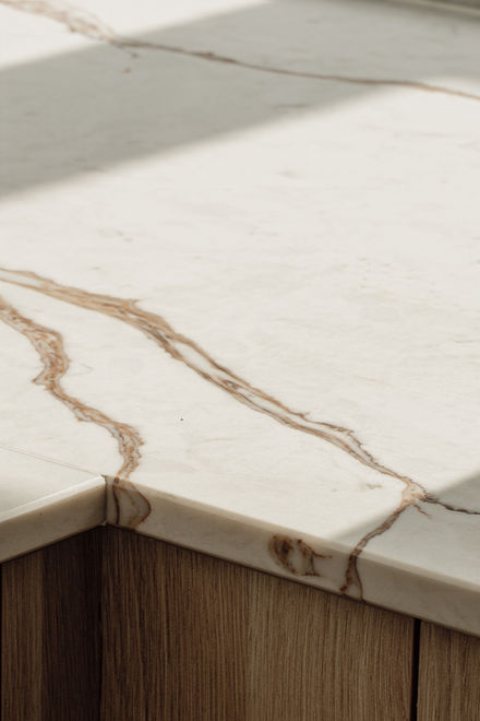 Close up detail of marble kitchen worktop by novaco design