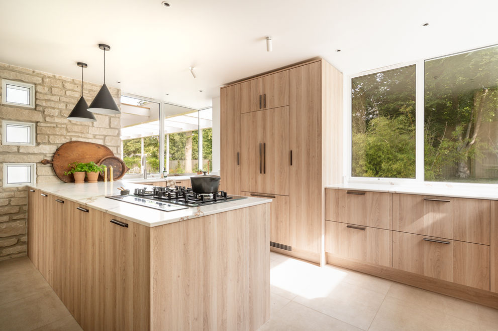 Contemporary kitchen with marble worktops by Novaco design in Sandbanks, photographed by Interior photographer sarah middleton