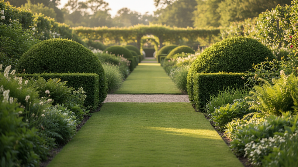 Eye-level view of a well-maintained garden with trimmed shrubs and green lawn