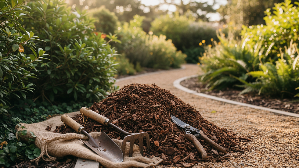 Close-up view of gardening tools and mulch ready for use in a Mornington garden