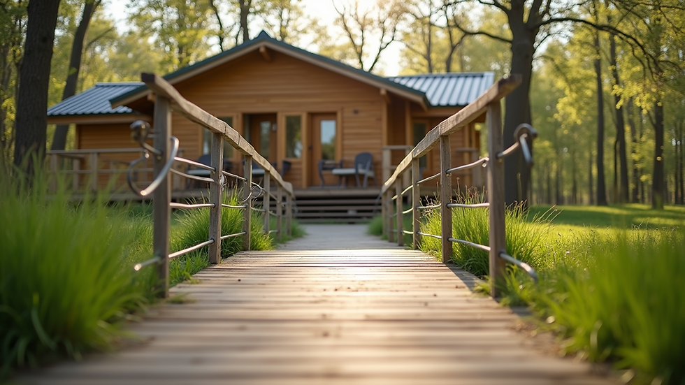 Close-up view of a wheelchair-accessible ramp leading to a holiday cabin surrounded by greenery