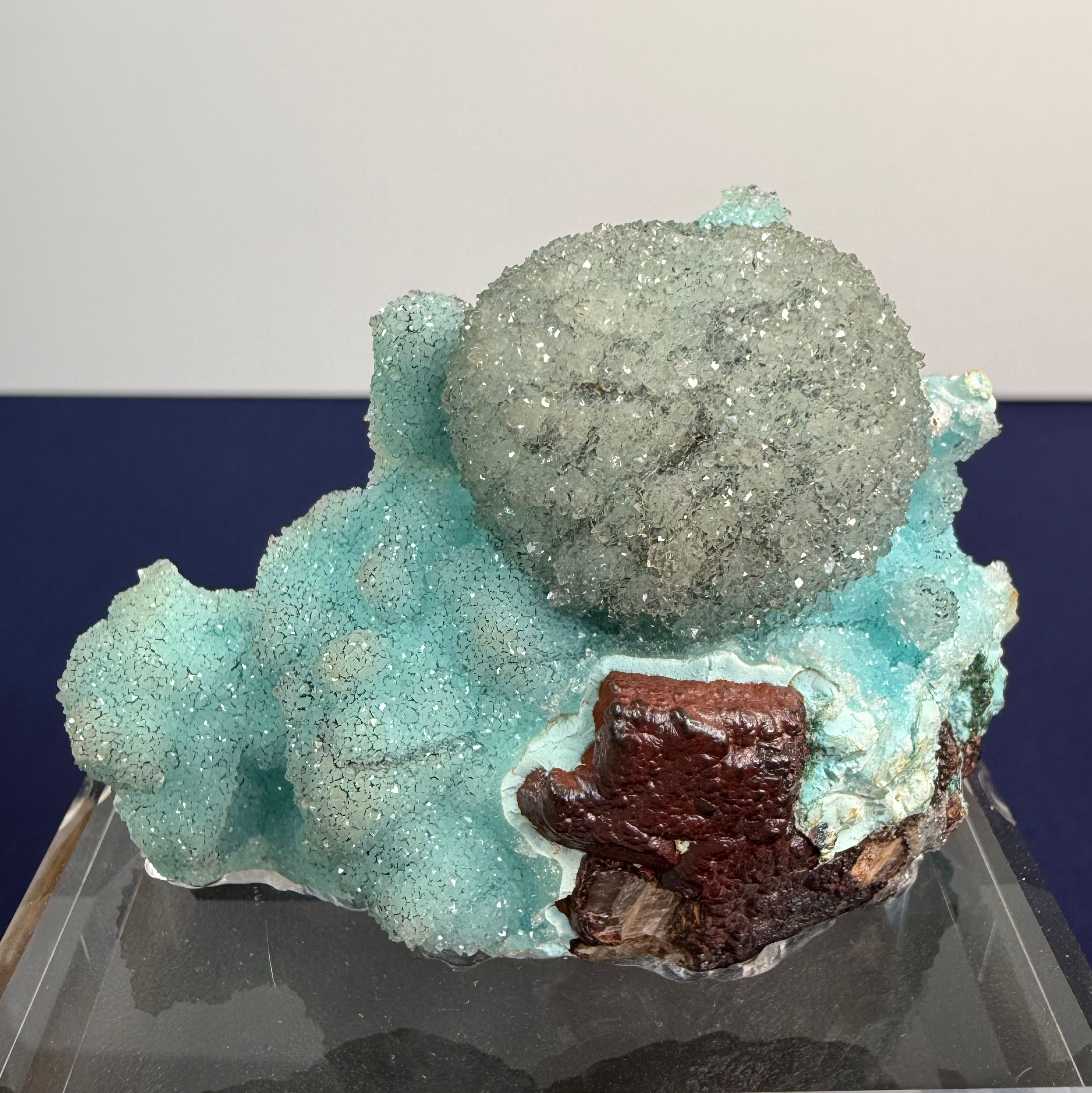 Quartz on Botryoidal Malachite over Chrysocolla