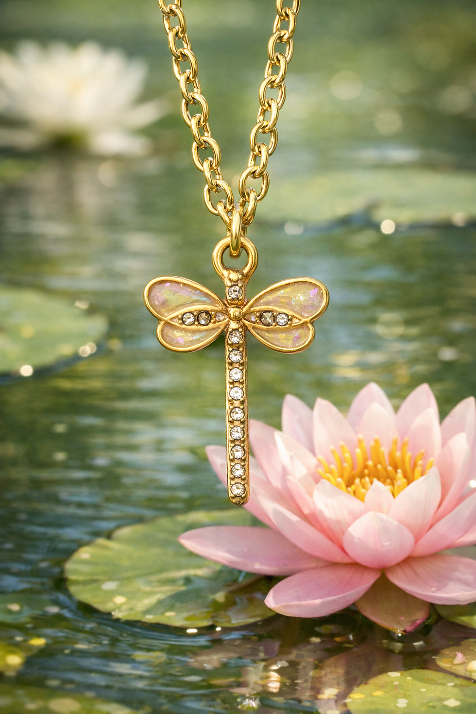Gold dragonfly necklace with iridescent wings resting above a pond of green lily pads and blooming water lilies.