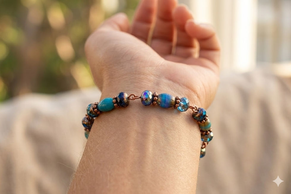 Thumbnail: A person wears a blue beaded bracelet with copper copper spacers on their wrist against a soft, blurred background.