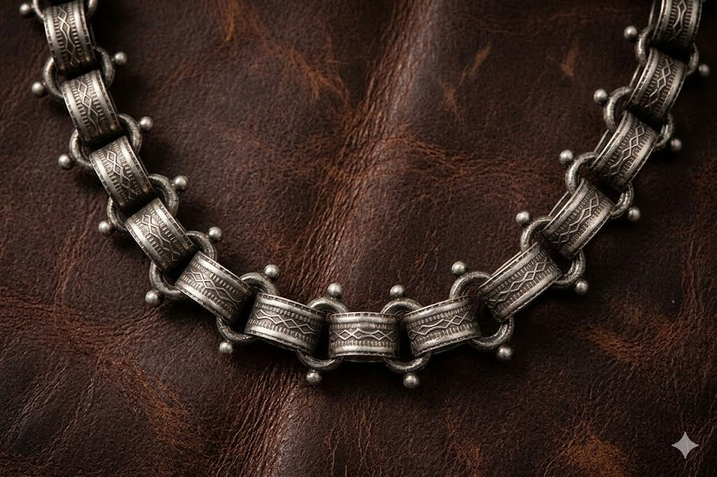 An intricate silver chain with etched cylindrical links and small studs rests against a textured dark brown leather surface.