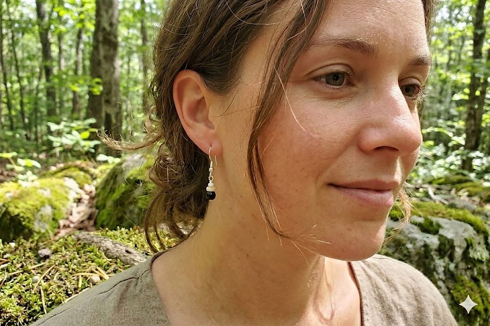 Woman wearing Black-Capped Chickadee Inspired Beaded Earrings in forest