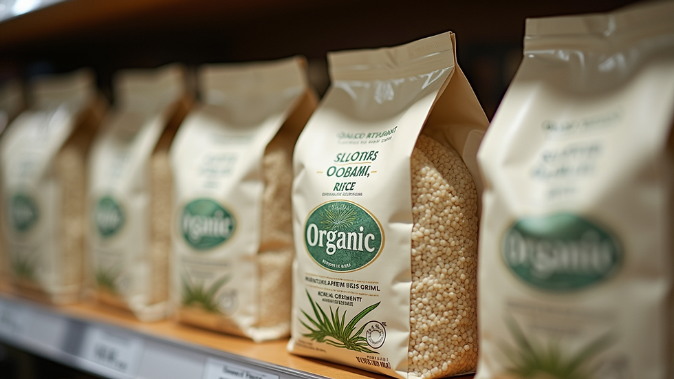 Eye-level view of packaged organic rice bags on a store shelf