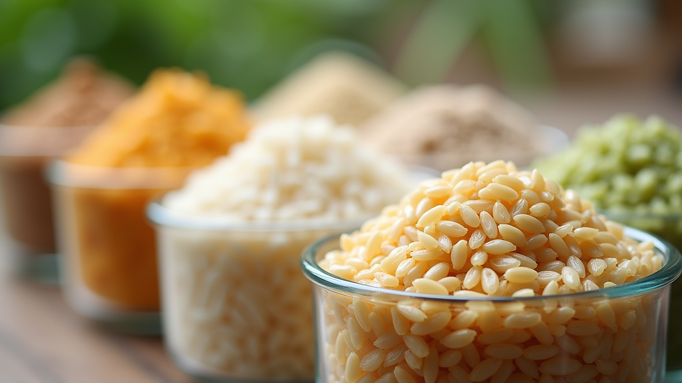 Close-up view of different organic rice grains in transparent containers