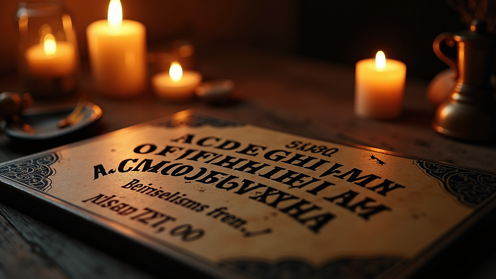 Eye-level view of a Ouija board illuminated by candlelight