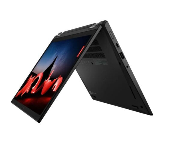 Black convertible laptop in tent mode displaying red graphics